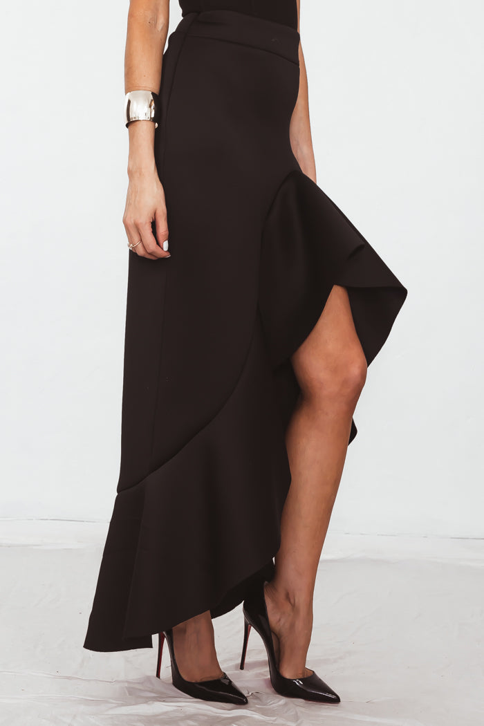 Ruffle Maxi Skirt with Asymmetric Hem