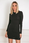 Long Sleeve Ribbed Mini Dress - Black