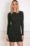 Long Sleeve Ribbed Mini Dress - Black