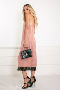 Satin Midi Dress with Lace Trim - Mauve