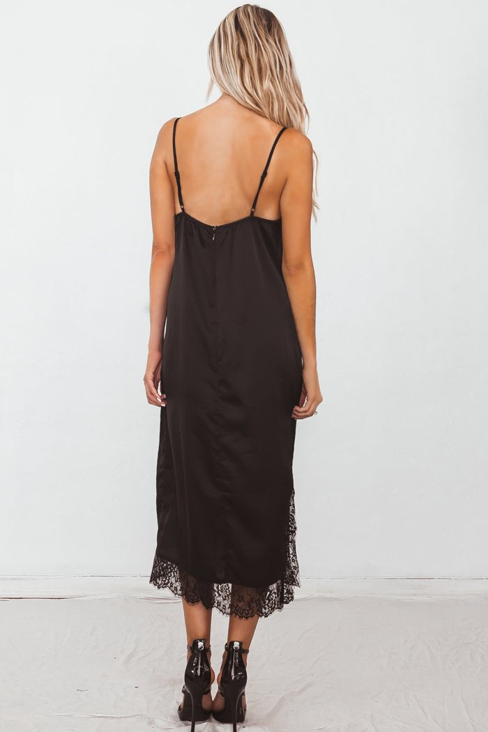 Satin Slip Midi Dress with Lace Trim - Black Haute & Rebellious Satin Slip Midi Dress with Lace Trim - Black Haute & Rebellious