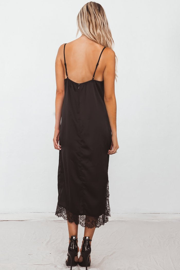 Satin Slip Midi Dress with Lace Trim - Black