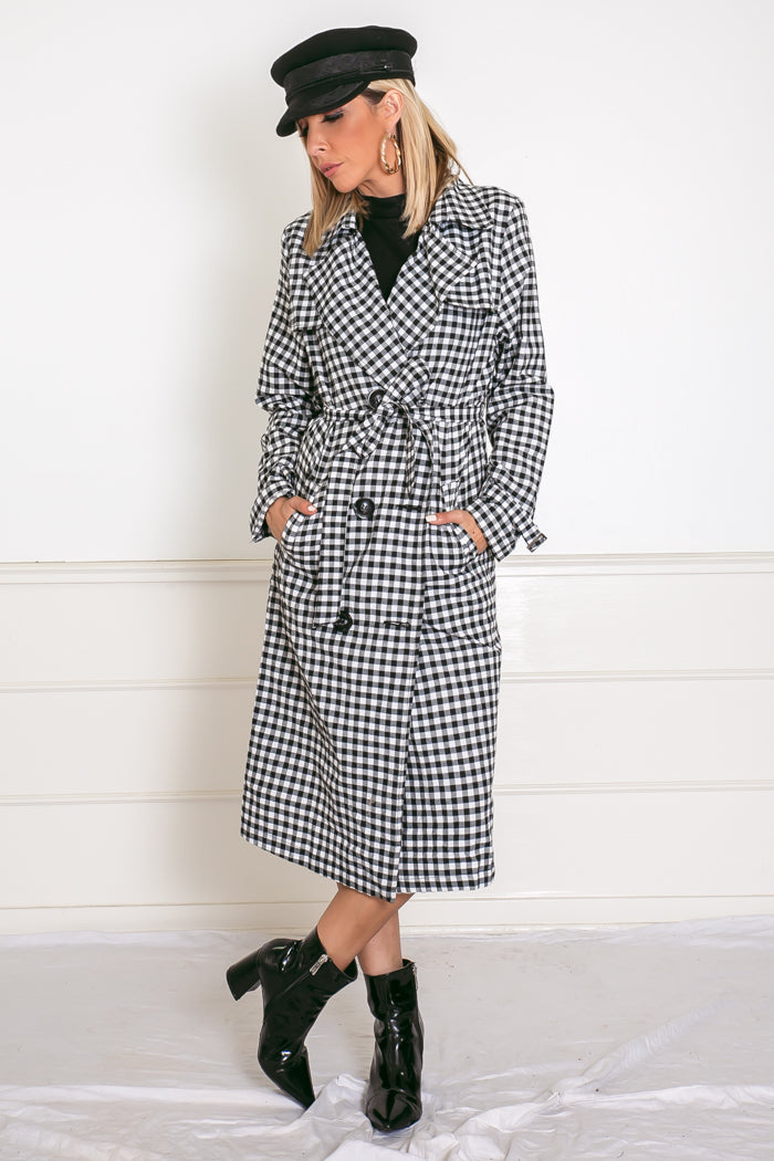 Black and white checkered trench coat on sale