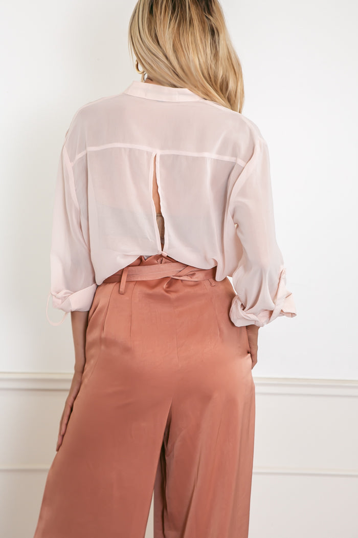 Sheer Chiffon Button-Up Shirt - Light Rose