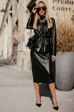 Leather Midi Skirt with Waist-Tie