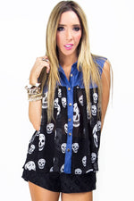 DENIM CHIFFON SKULL BLOUSE (Final Sale) - Haute & Rebellious