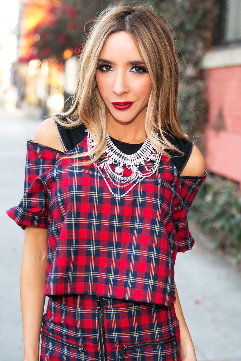 CADEN PLAID ZIPPER CUTOUT TOP - Haute & Rebellious