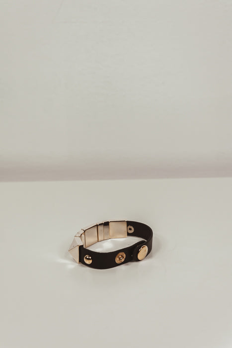 Gold Metal Stud & Leather Bracelet - Black