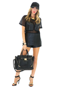 WANG MESH CONTRAST VEGAN LEATHER TOP - Black - Haute & Rebellious