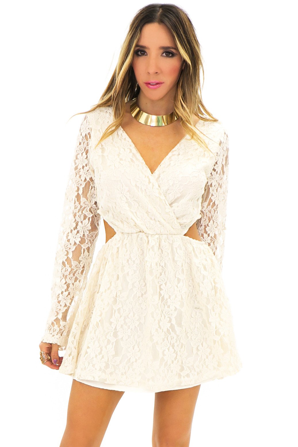 Maya Side Cutout Lace Dress - OFF White - S / OFF White / 01561