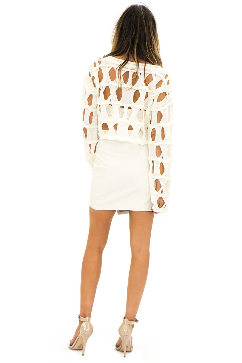 BECKET HOLED CROP SWEATER - White - Haute & Rebellious