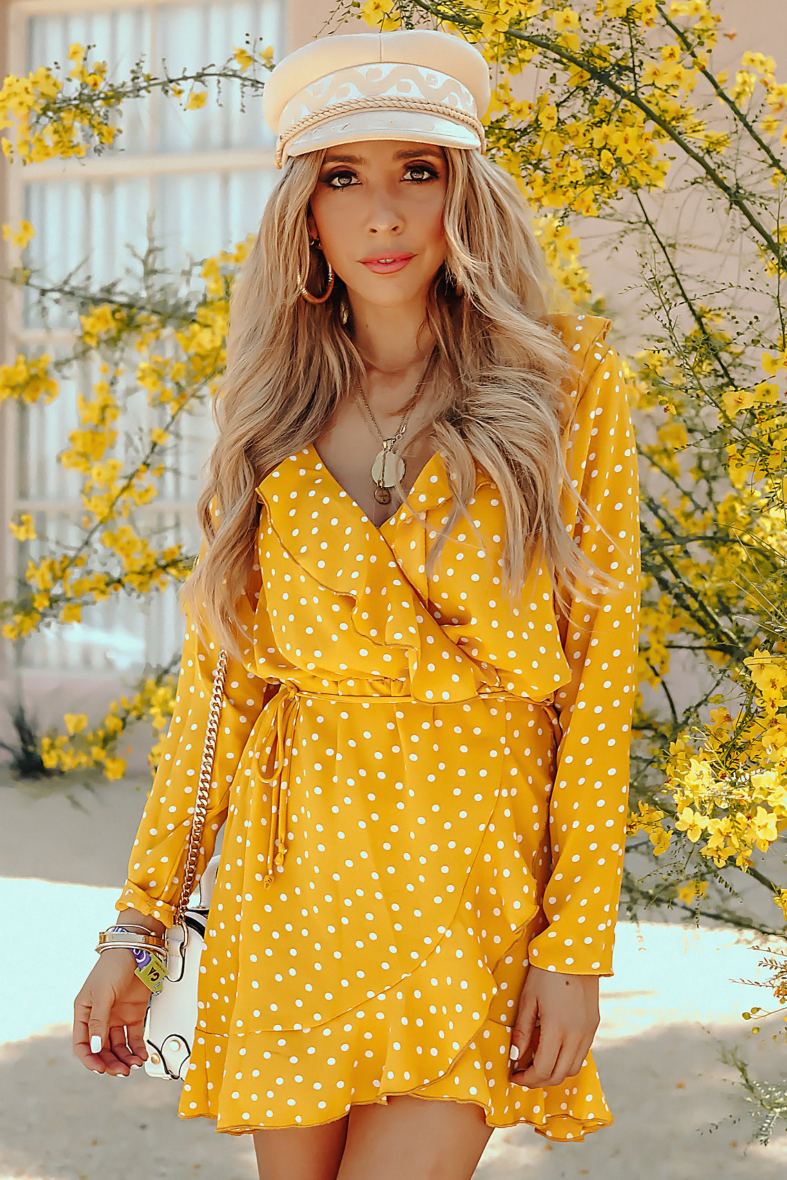 Polka Dot Wrap Dress with Ruffle S / Mustard / 04496