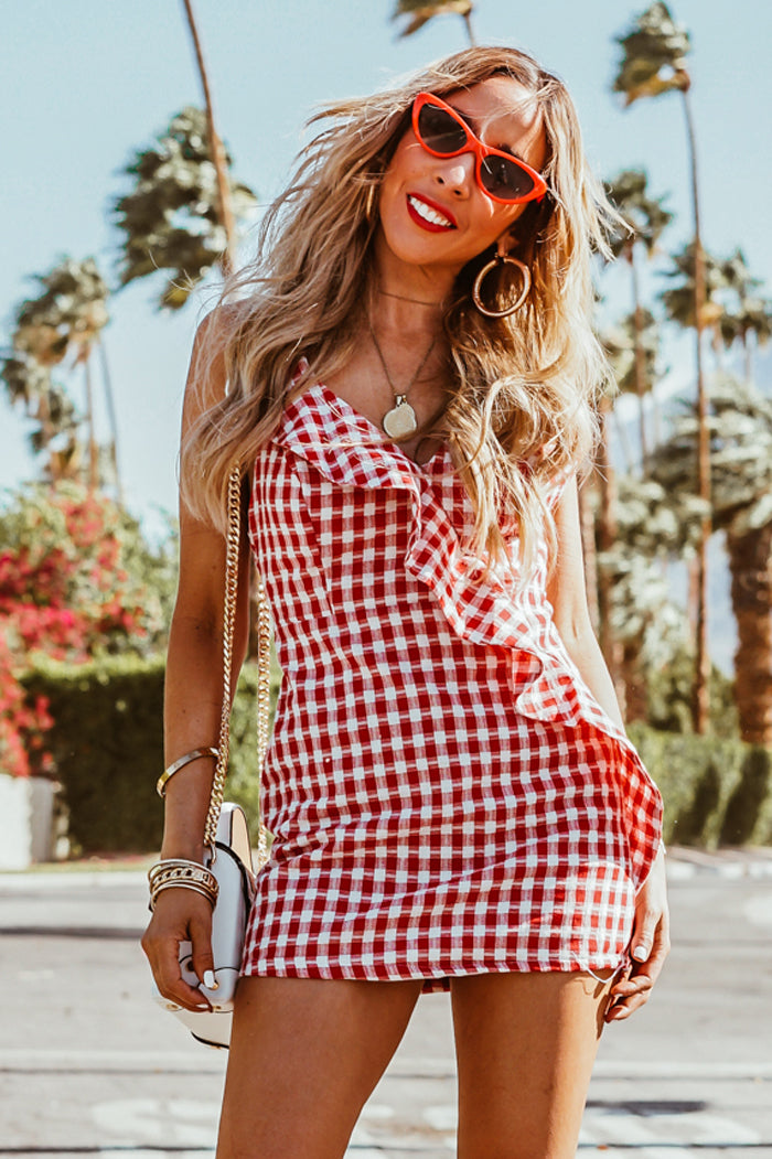 Gingham Mini Dress with Ruffle - Red