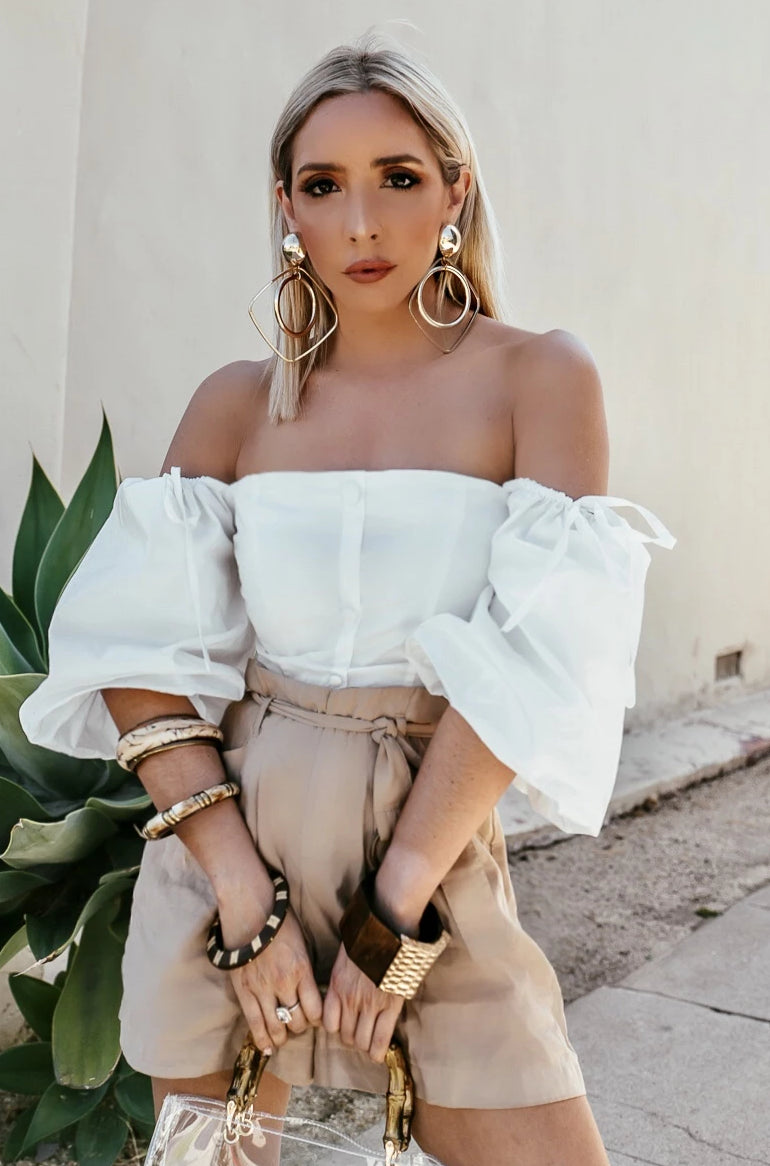 Button Up Off Shoulder Top White L White 04601