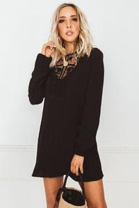 Linen Sun Dress with Crochet Detail - Black