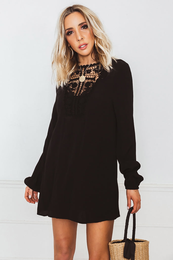 Linen Sun Dress with Crochet Detail - Black