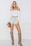Off-Shoulder Ribbed Crop Top - White