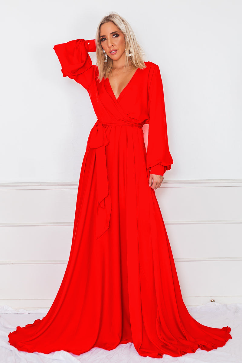 red deep v neck maxi dress Long Sleeve Plunge V Neck Draped Maxi Dress Red