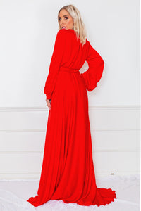 Deep-V Satin Maxi Dress - Red