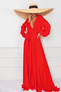 Deep-V Satin Maxi Dress - Red