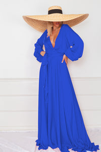 Deep-V Satin Maxi Dress - Blue