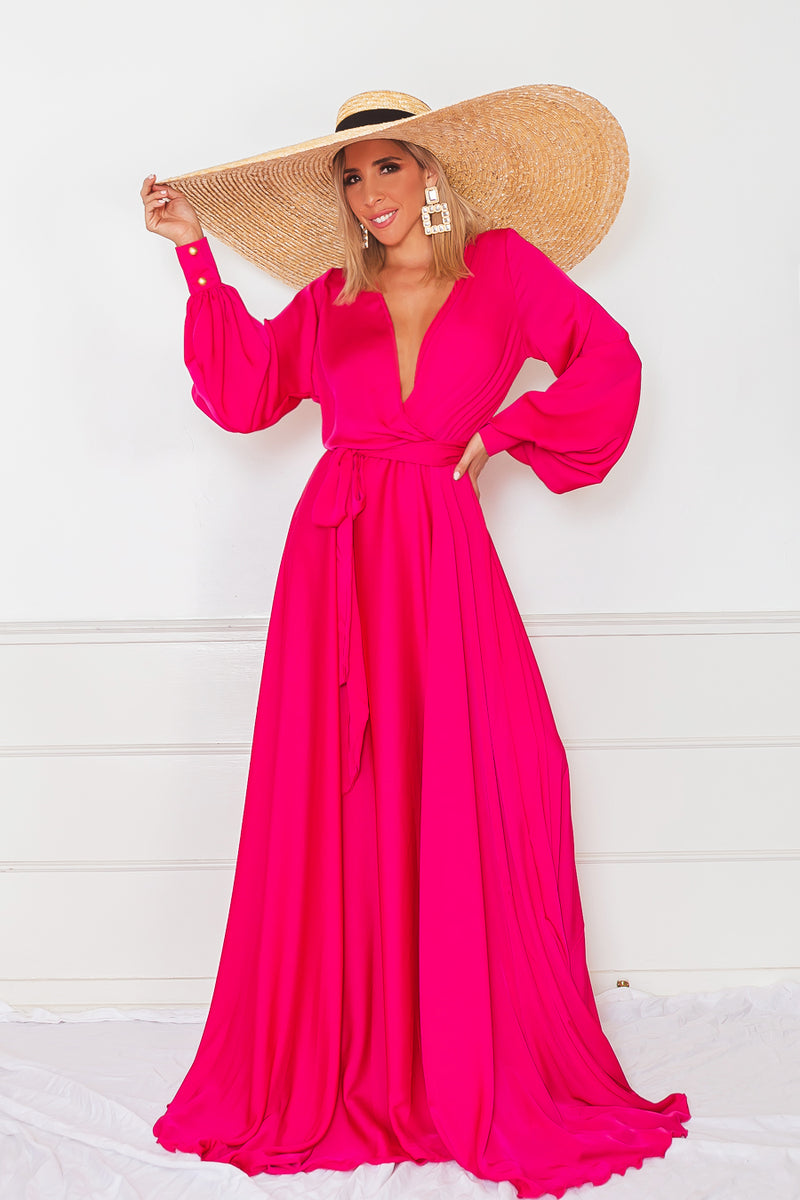 Deep-V Satin Maxi Dress - Fuchsia