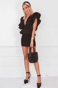 Deep-V Layered Ruffle Top - Black