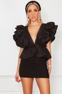 Deep-V Layered Ruffle Top - Black