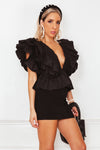 Deep-V Layered Ruffle Top - Black