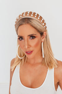 Beaded Pearl Velvet Headband - Tan