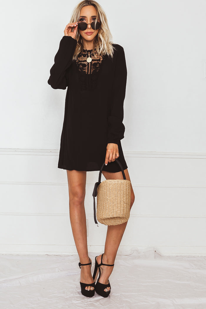 Linen Sun Dress with Crochet Detail - Black