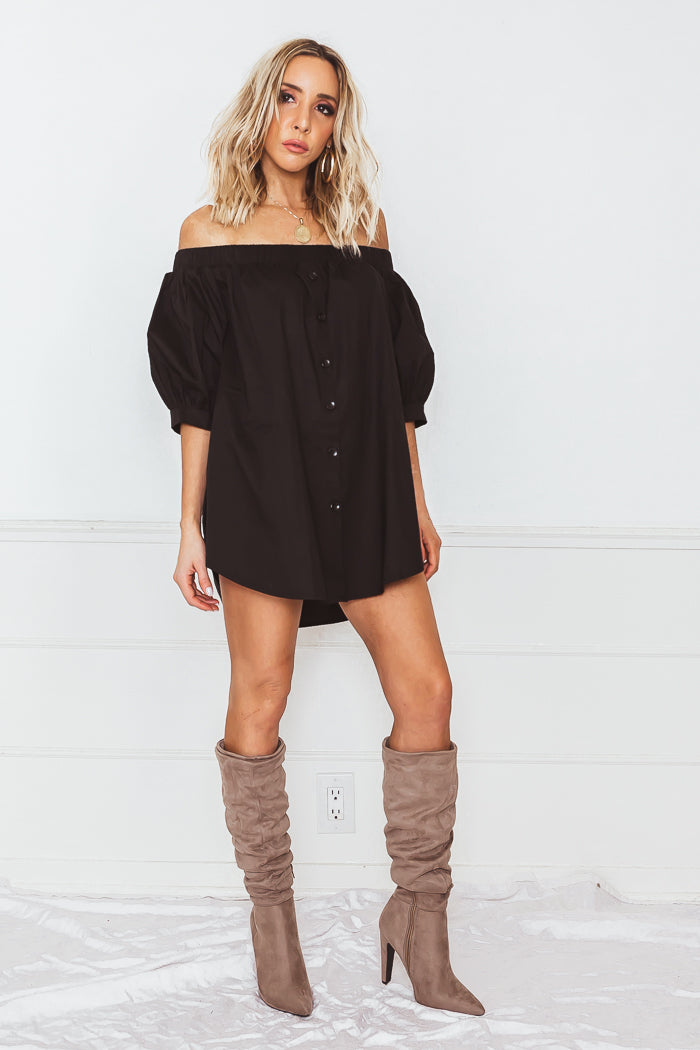 Button-Up Off-Shoulder Top - Black