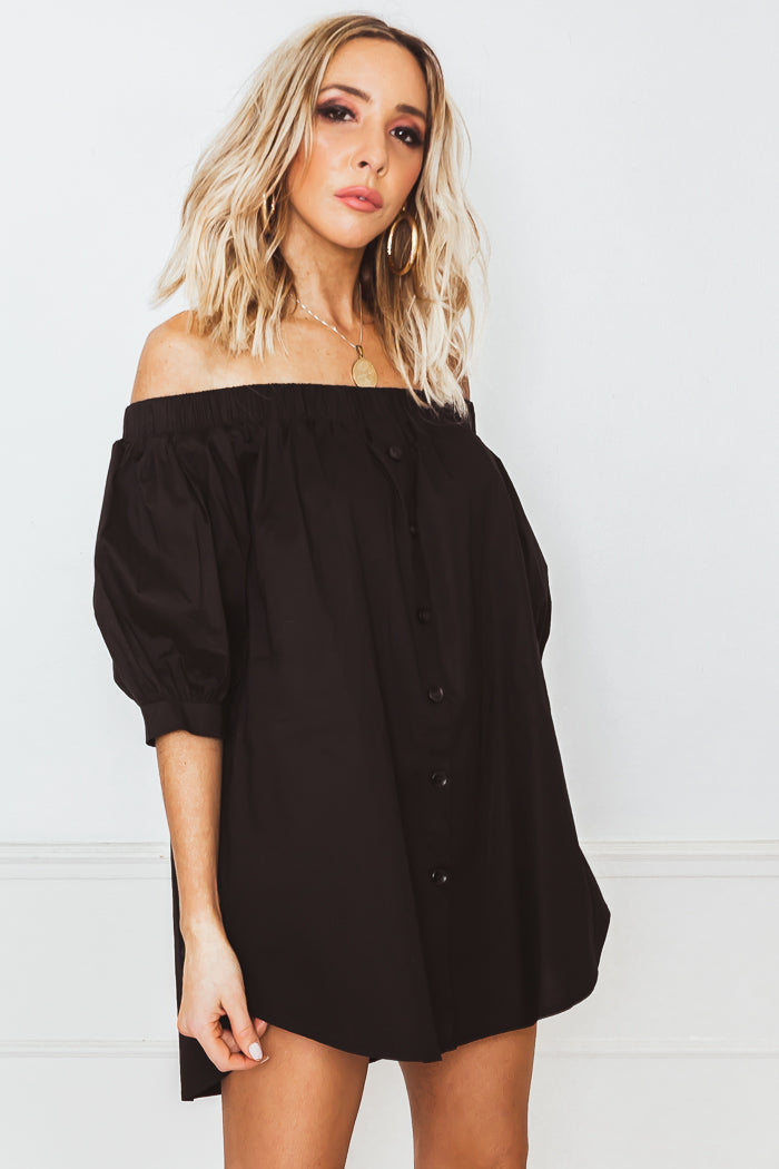 Button-Up Off-Shoulder Top - Black