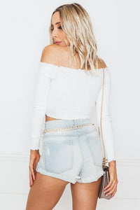 Off-Shoulder Ribbed Crop Top - White
