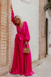 Deep-V Satin Maxi Dress - Fuchsia