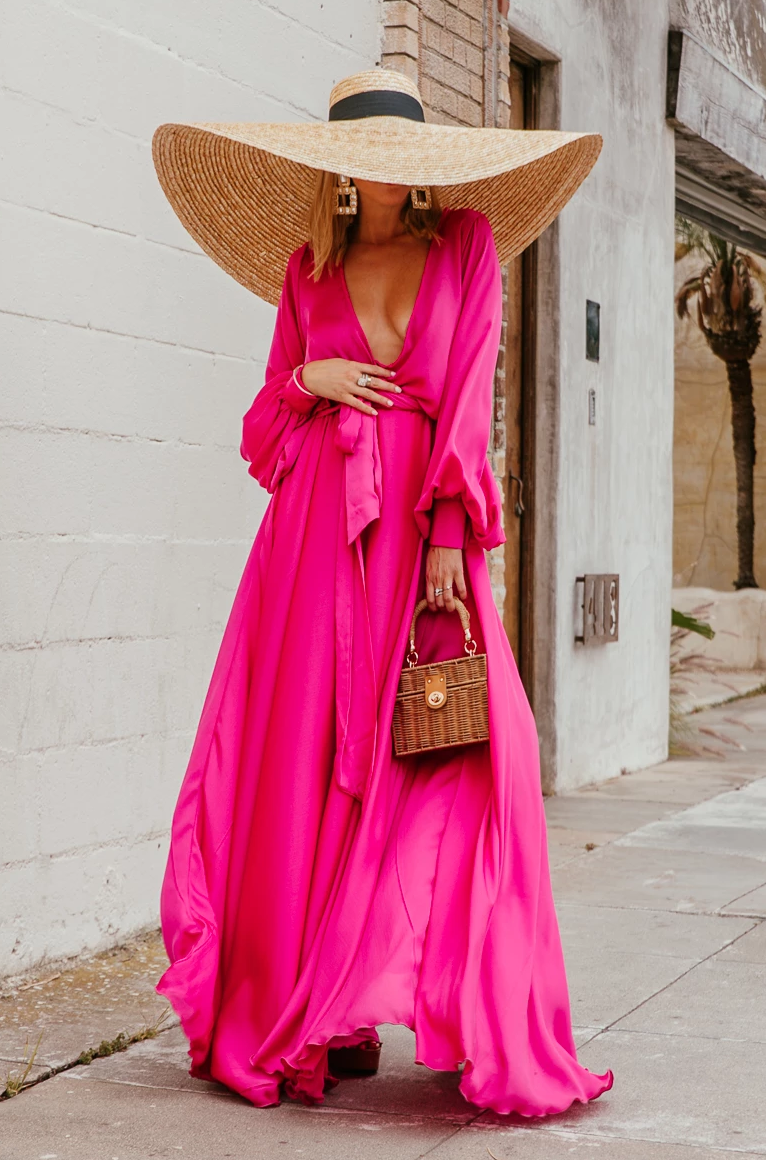 Deep-V Satin Maxi Dress - Fuchsia - Haute & Rebellious