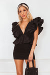 Deep-V Layered Ruffle Top - Black