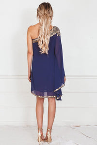 One-Shoulder Draped Dress with Embellishment