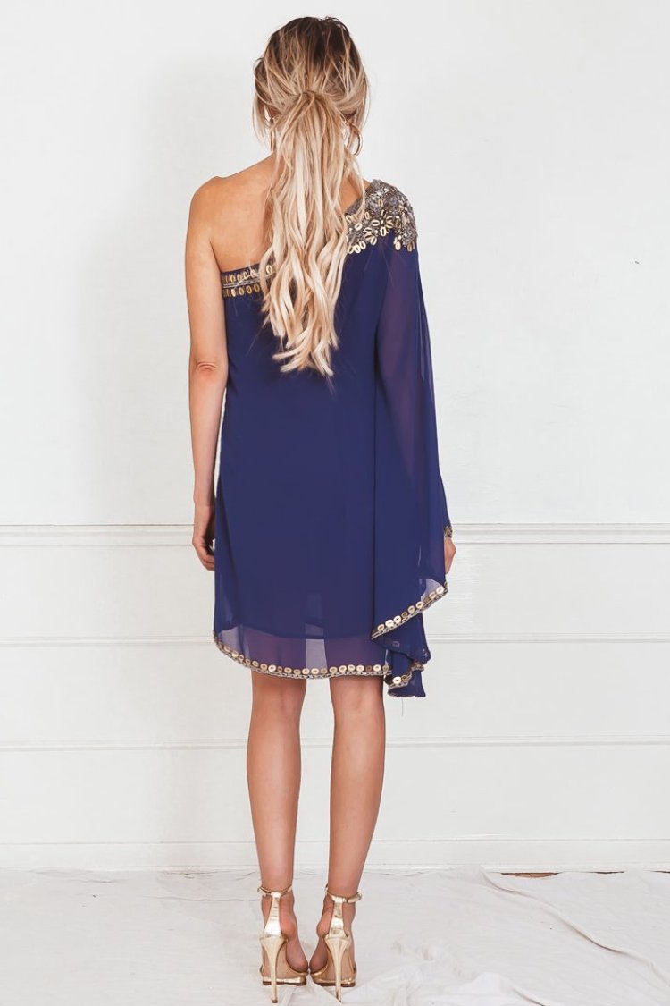 One-Shoulder Draped Dress with Embellishment