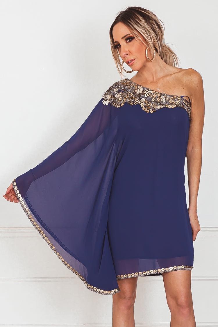 One-Shoulder Draped Dress with Embellishment - Haute & Rebellious