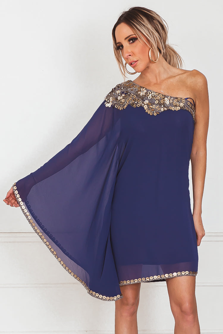One-Shoulder Draped Dress with Embellishment