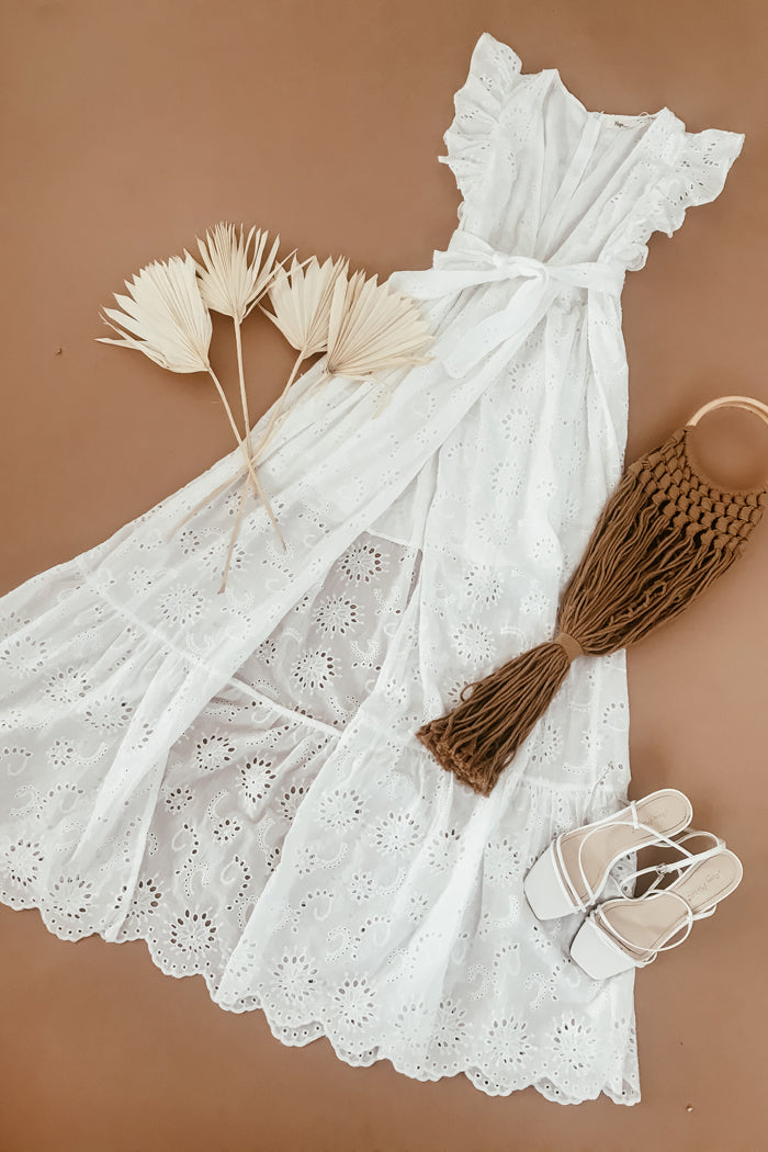 Jahna Deep-V Eyelet Long Dress - White M / White / 04627 Jahna Deep-V Eyelet Long Dress - White M / White / 04627