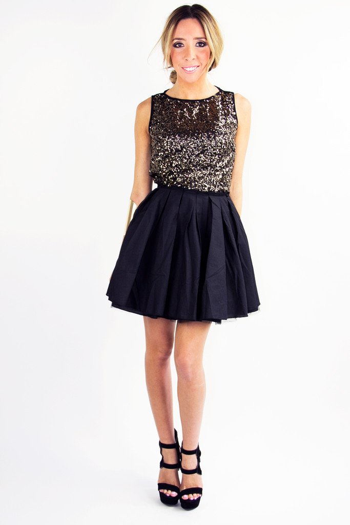 Gold Sequin Full A Lined Skirt Dress - Black/Gold S / Black / 0490 Gold Sequin Full A Lined Skirt Dress - Black/Gold S / Black / 0490
