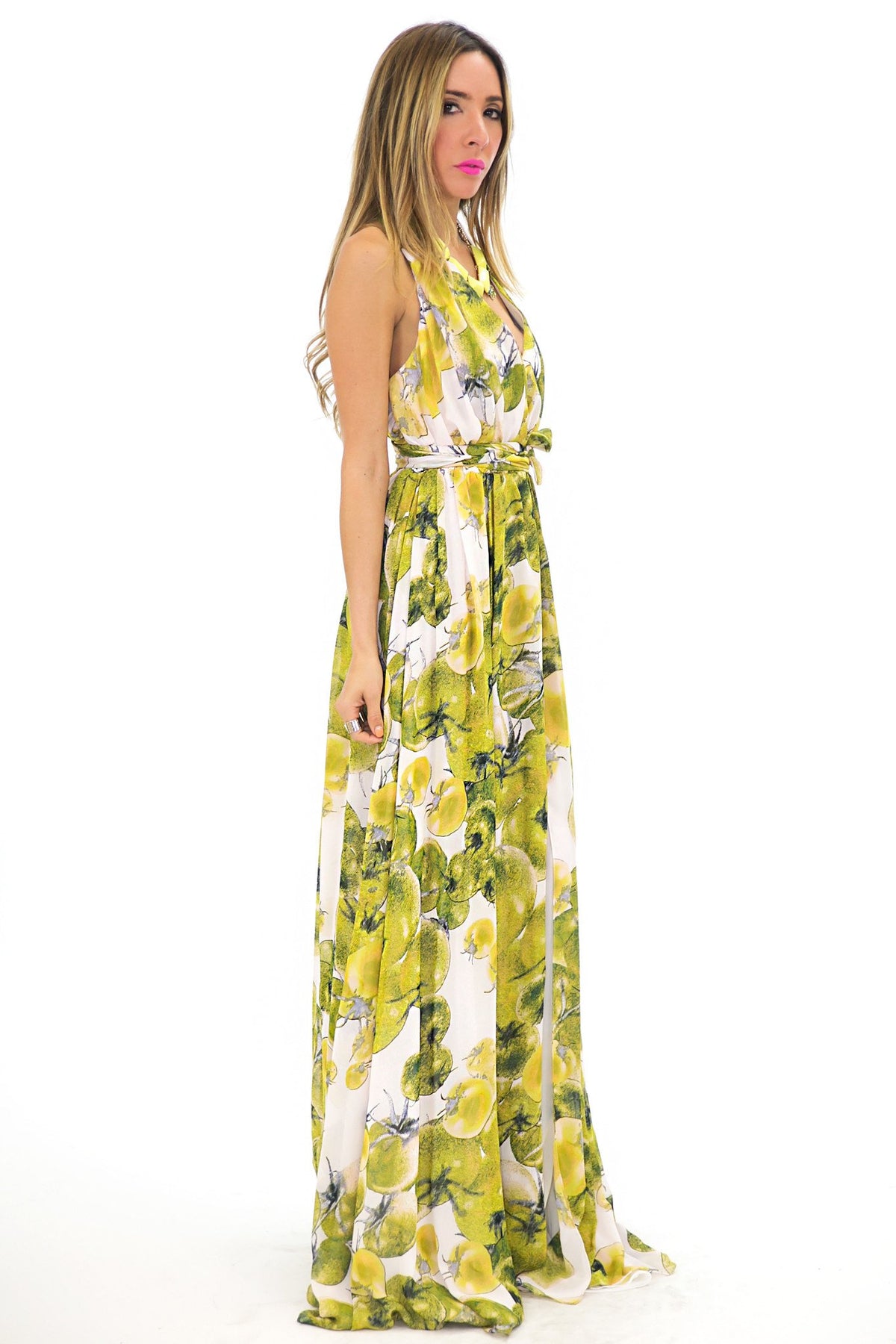 APPLE PRINT V-NECK LONG DRESS - Haute & Rebellious