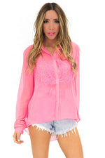 LAIN LACE DETAIL NEON CHIFFON BLOUSE - Haute & Rebellious