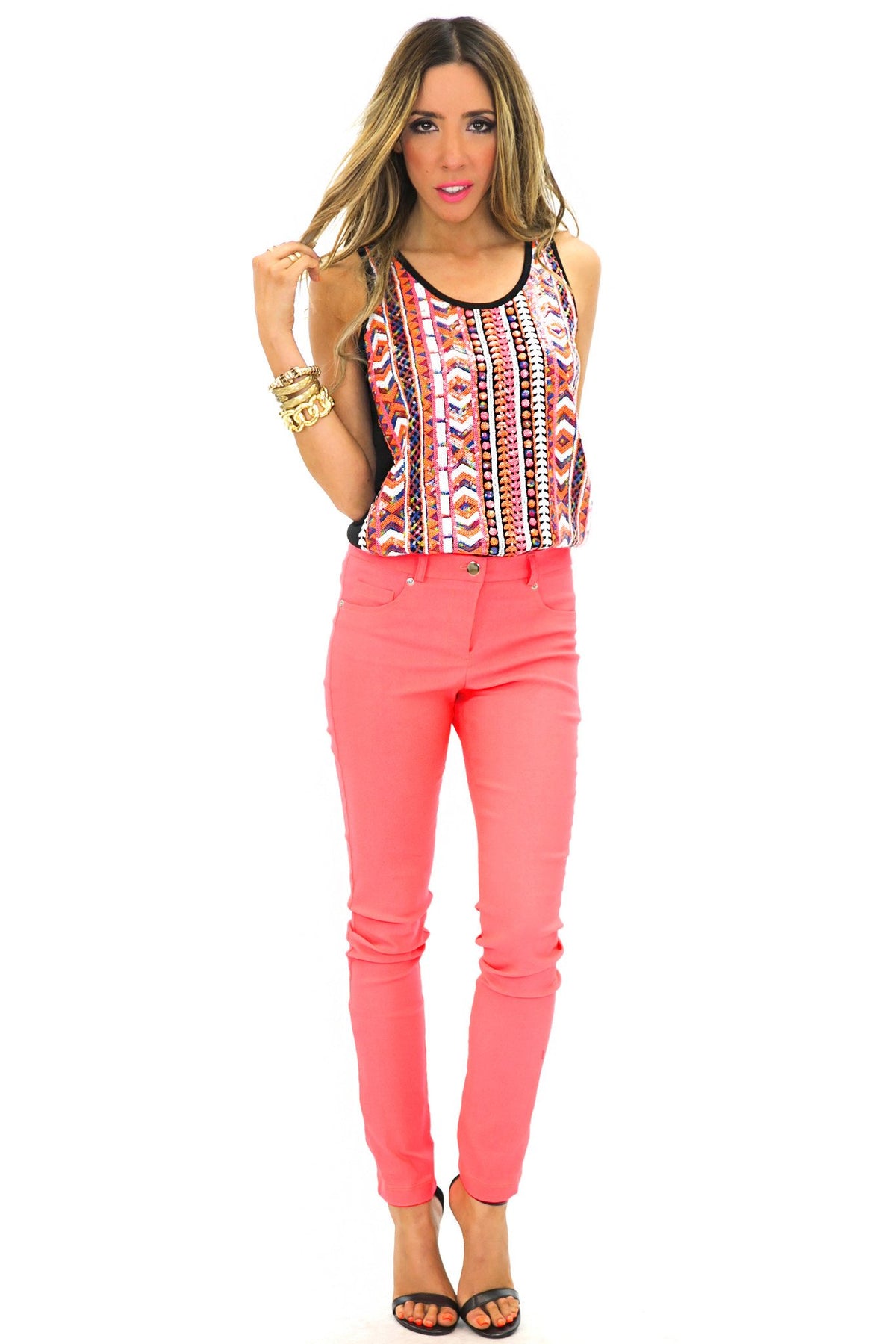 NEON COLOR SKINNY PANT - Coral - Haute & Rebellious