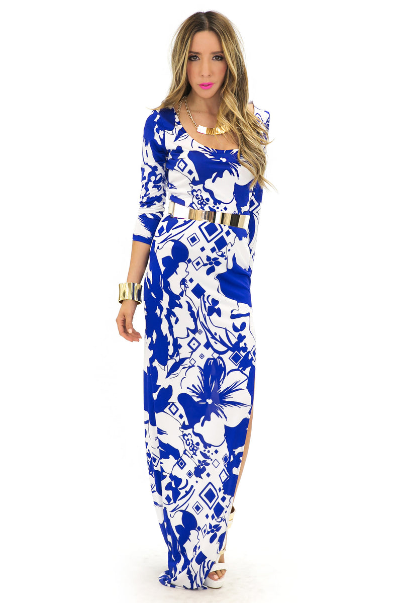 TROPICAL PRINT SLIT DRESS - Blue/White - Haute & Rebellious