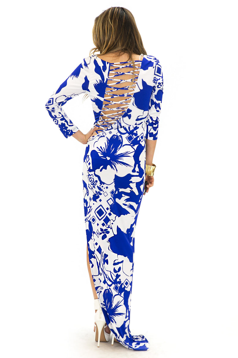 TROPICAL PRINT SLIT DRESS - Blue/White - Haute & Rebellious