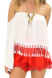 LACE FRINGE BELL SLEEVE TOP - White - Haute & Rebellious