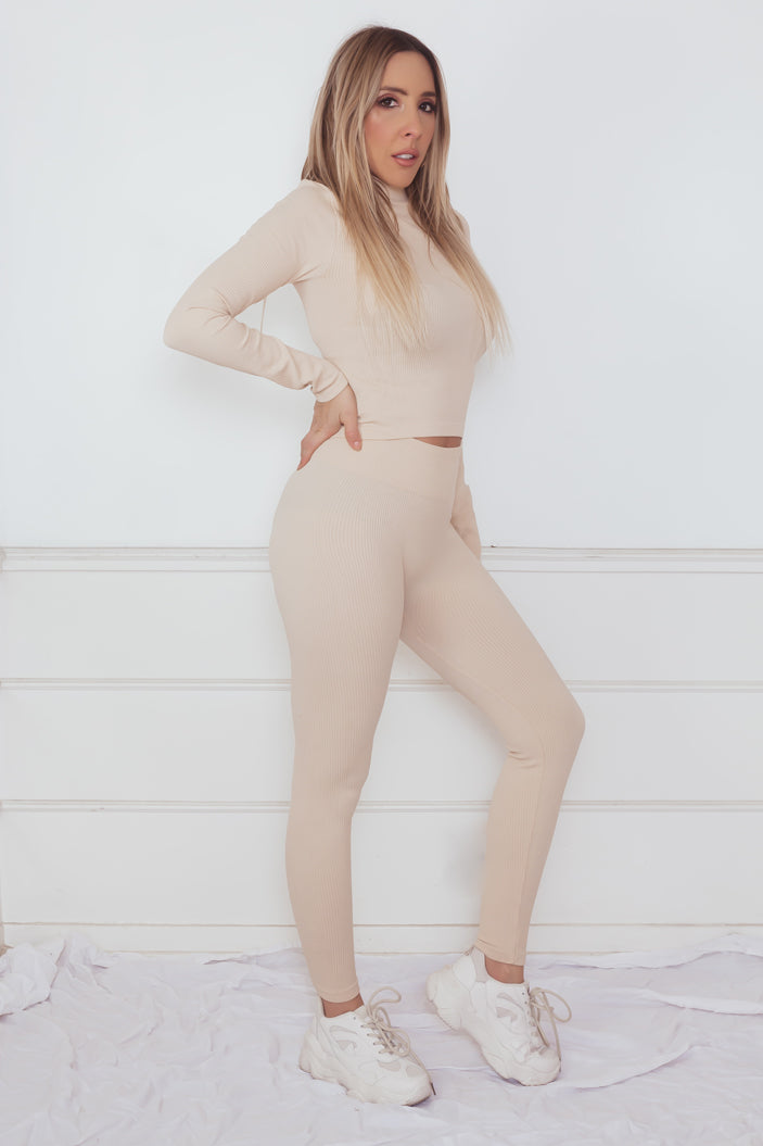 Ribbed Top & Pant Set - Nude